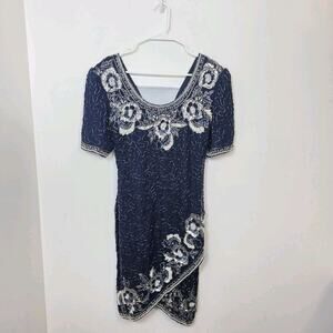 Laurence Kazar Navy Blue Beaded Sparkle Silk Party Game Mini Dress Size Medium